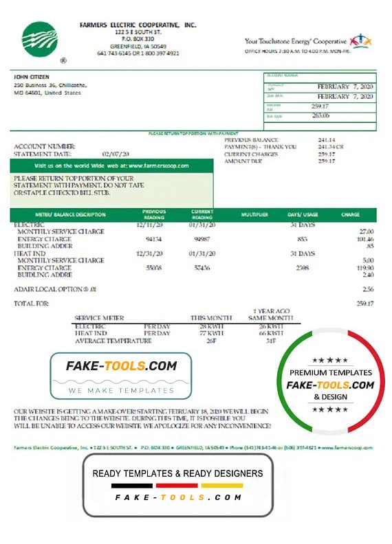 USA Ohio Farmers Electric Cooperative utility bill template in Word and PDF format (version 2) USA Ohio Farmers Electric Cooperative utility bill template in Word and PDF format (version 2)