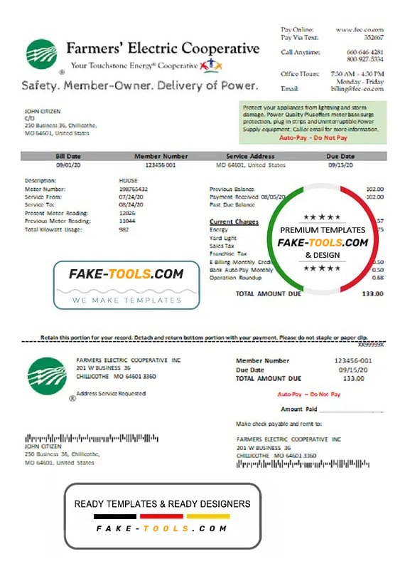 USA Ohio Farmer’s Electric Cooperative utility bill template in Word an PDF format USA Ohio Farmer’s Electric Cooperative utility bill template in Word an PDF format