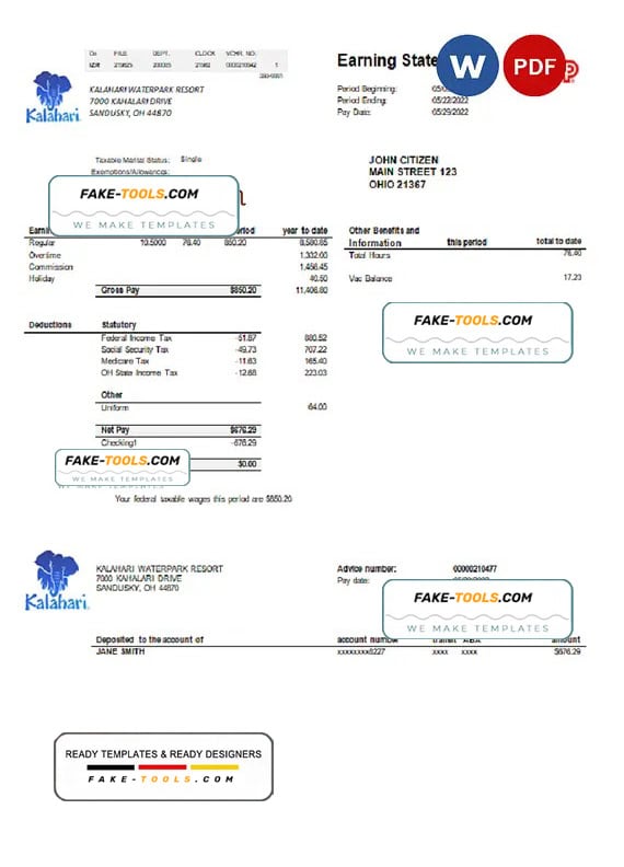 USA Ohio Kalahari Waterpark Resort utility bill template in Word and PDF format USA Ohio Kalahari Waterpark Resort utility bill template in Word and PDF format