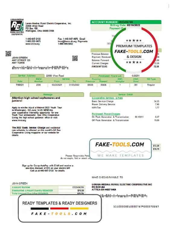 USA Ohio Lorain-Medina Rural Electric utility bill template in Word and PDF format USA Ohio Lorain-Medina Rural Electric utility bill template in Word and PDF format