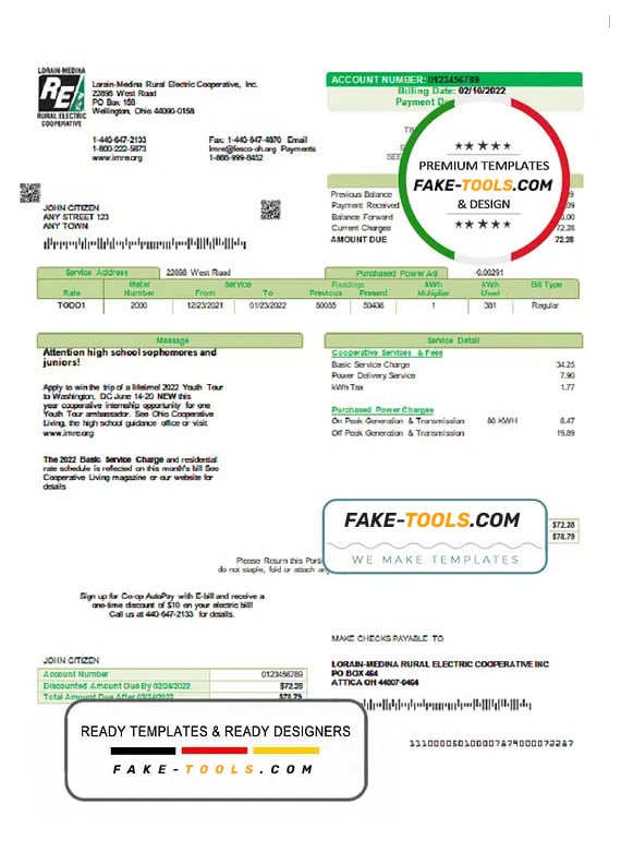 USA Ohio Lorain-Medina Rural Electric utility bill template in Word and PDF format USA Ohio Lorain-Medina Rural Electric utility bill template in Word and PDF format