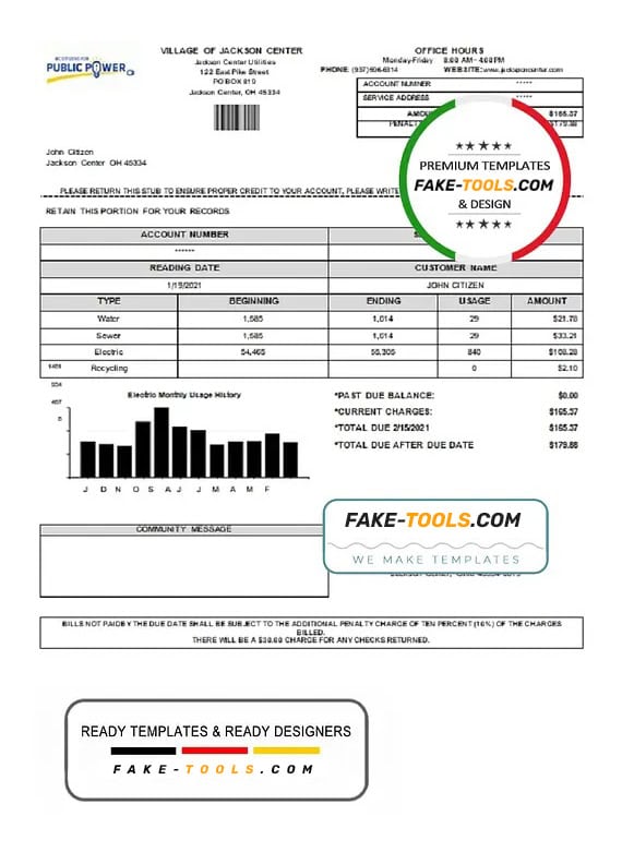 USA Ohio Village of Jackson Center Public Power utility bill template in Word and PDF format USA Ohio Village of Jackson Center Public Power utility bill template in Word and PDF format