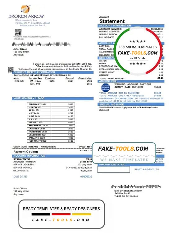 USA Oklahoma City of Broken Arrow utility bill template in Word and PDF format USA Oklahoma City of Broken Arrow utility bill template in Word and PDF format