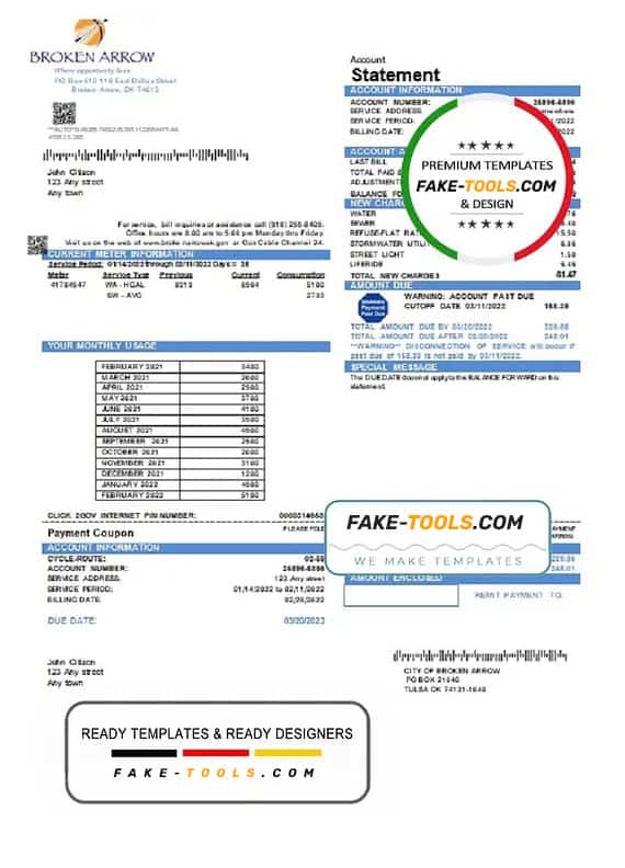 USA Oklahoma City of Broken Arrow utility bill template in Word and PDF format USA Oklahoma City of Broken Arrow utility bill template in Word and PDF format