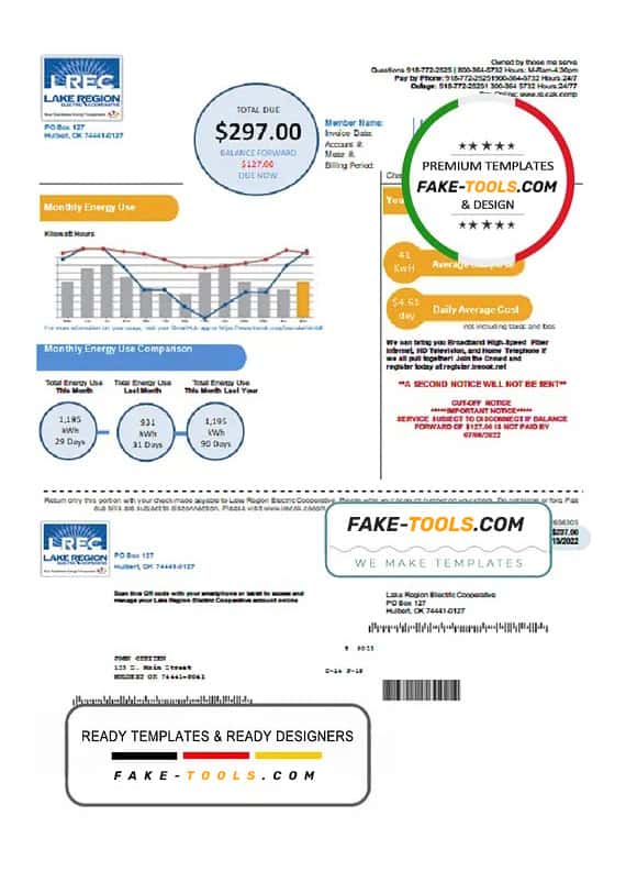 USA Oklahoma LREC Lake Region utility bill template in Word and PDF format USA Oklahoma LREC Lake Region utility bill template in Word and PDF format