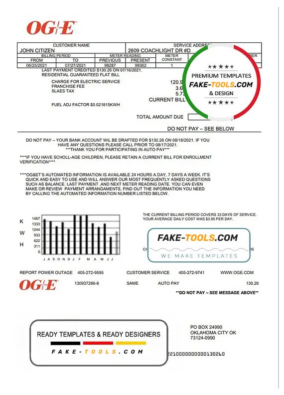USA Oklahoma OGE Energy utility bill template in Word and PDF format USA Oklahoma OGE Energy utility bill template in Word and PDF format