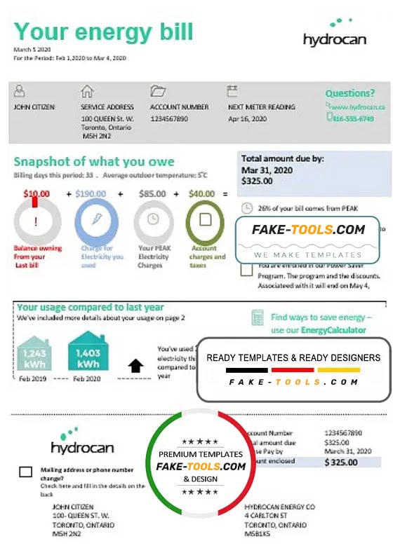 USA Ontario Hydrocan electricity utility bill template in Word and PDF format USA Ontario Hydrocan electricity utility bill template in Word and PDF format