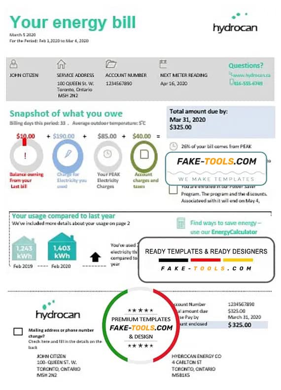 USA Ontario Hydrocan electricity utility bill template in Word and PDF format USA Ontario Hydrocan electricity utility bill template in Word and PDF format