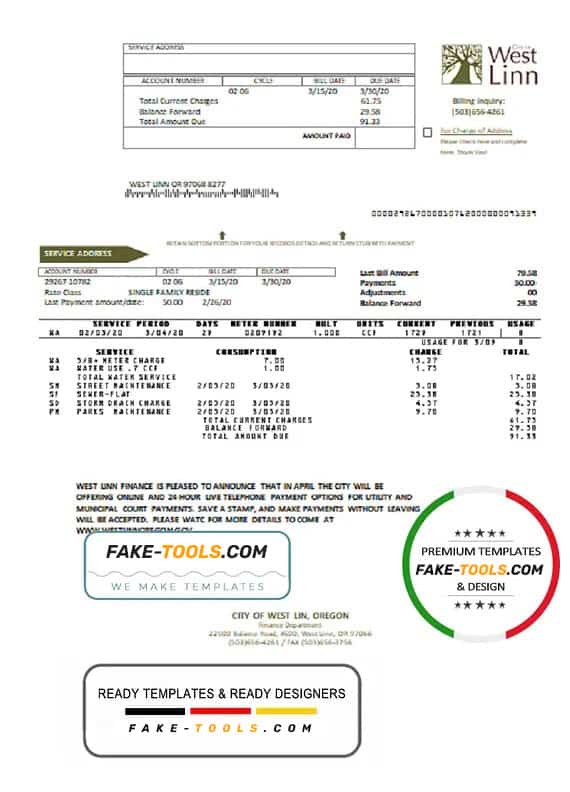 USA Oregon City of West Linn utility bill template in Word and PDF format USA Oregon City of West Linn utility bill template in Word and PDF format