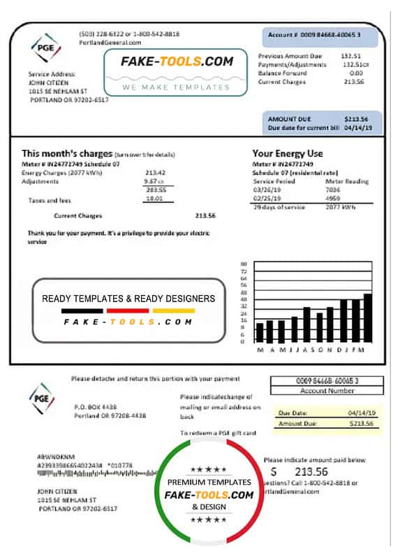USA Oregon PGE electricity utility bill template in Word and PDF format USA Oregon PGE electricity utility bill template in Word and PDF format