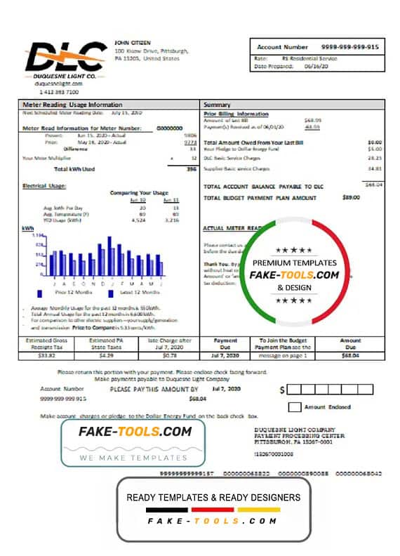 USA Pennsylvania Duquesne light utility bill template in Word and PDF format USA Pennsylvania Duquesne light utility bill template in Word and PDF format