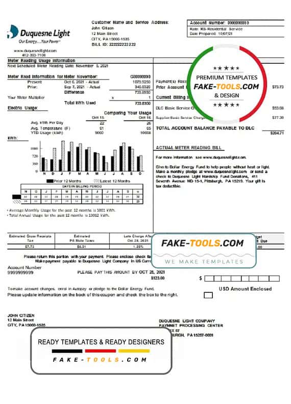 USA Pennsylvania Duquesne Light Company utility bill template in Word and PDF format USA Pennsylvania Duquesne Light Company utility bill template in Word and PDF format