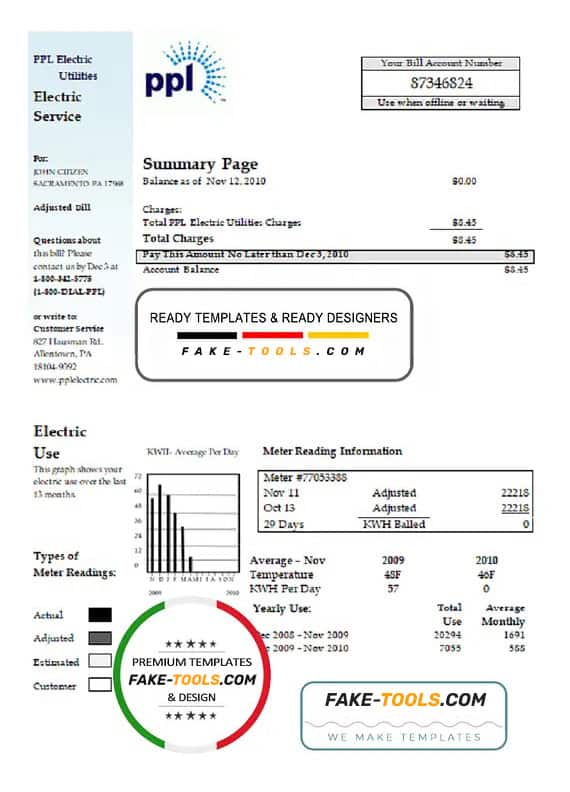 USA Pennsylvania PPL Electric utility bill template in Word and PDF format USA Pennsylvania PPL Electric utility bill template in Word and PDF format