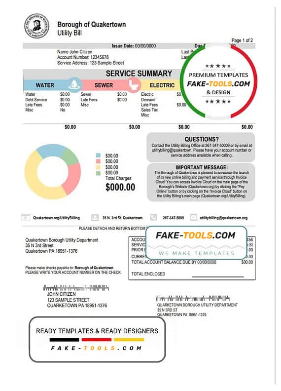 USA Pennsylvania Quakertown Borough utility bill template in Word and PDF format USA Pennsylvania Quakertown Borough utility bill template in Word and PDF format