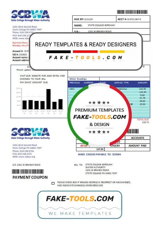USA Pennsylvania SCBWA water utility bill template in Word and PDF format USA Pennsylvania SCBWA water utility bill template in Word and PDF format