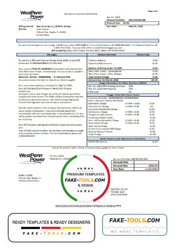 USA Pennsylvania West Penn Power utility bill template in Word format USA Pennsylvania West Penn Power utility bill template in Word format
