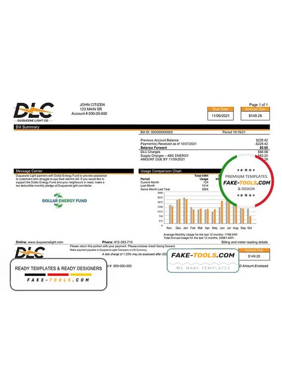 USA Pennsylvania Duquesne Light Company (DLC) utility bill template in Word and PDF format USA Pennsylvania Duquesne Light Company (DLC) utility bill template in Word and PDF format
