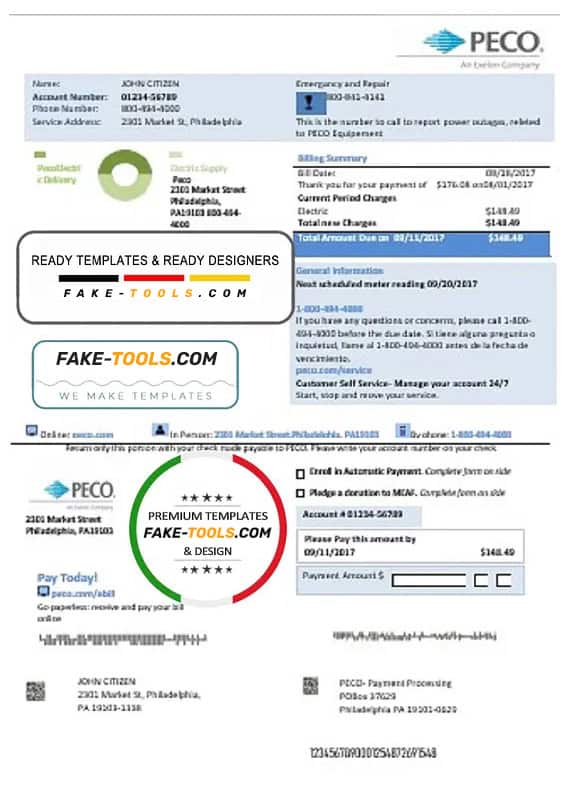 USA Philadelphia PECO electricity utility bill template in Word and PDF format USA Philadelphia PECO electricity utility bill template in Word and PDF format