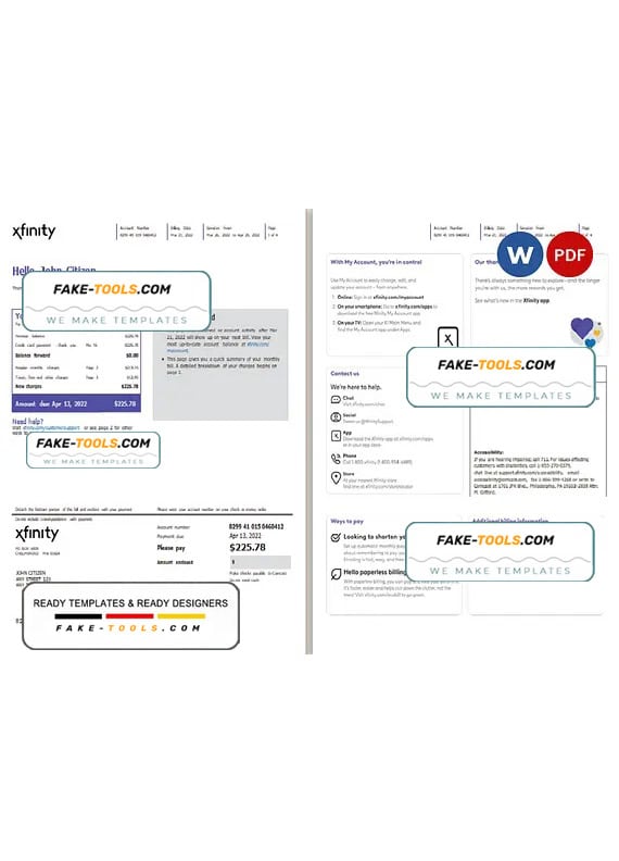 USA Philadelphia Xfinity utility bill Word and PDF template, 4 pages USA Philadelphia Xfinity utility bill Word and PDF template, 4 pages