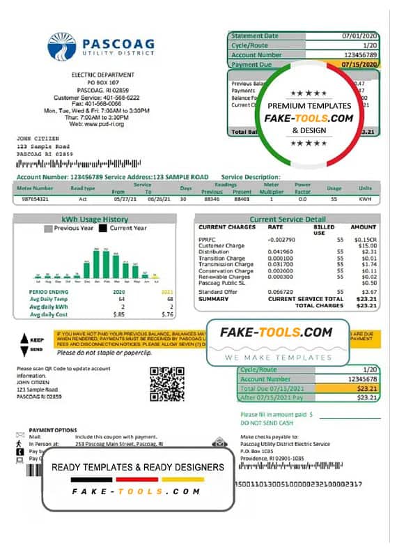 USA Rhode Island Pascoag Utility District utility bill template in Word and PDF format USA Rhode Island Pascoag Utility District utility bill template in Word and PDF format