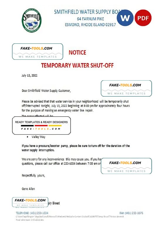USA Rhode Island Smithfield water supply board water shut off notice, Word and PDF template USA Rhode Island Smithfield water supply board water shut off notice, Word and PDF template