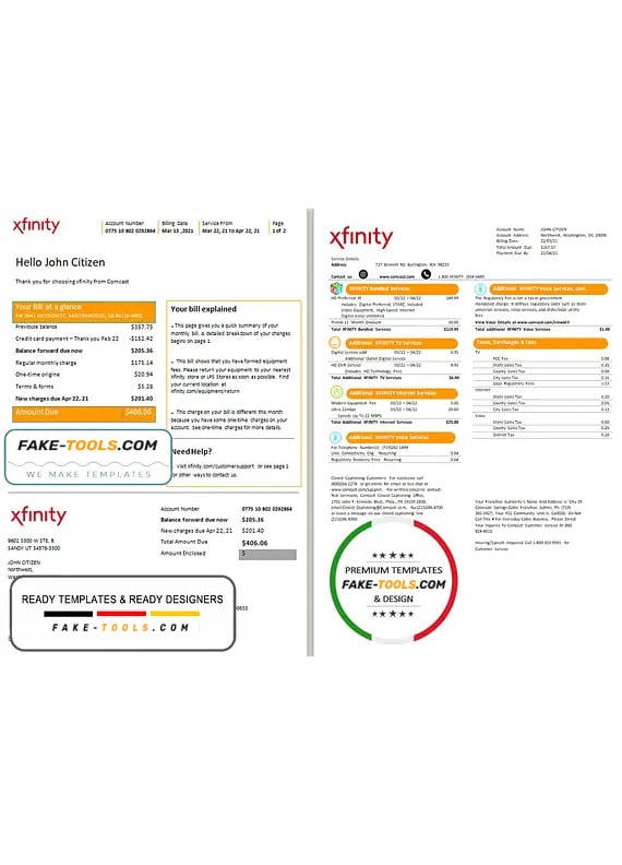 USA San Francisco Xfinity Comcast utility bill template in Word and PDF format, 2 pages USA San Francisco Xfinity Comcast utility bill template in Word and PDF format, 2 pages
