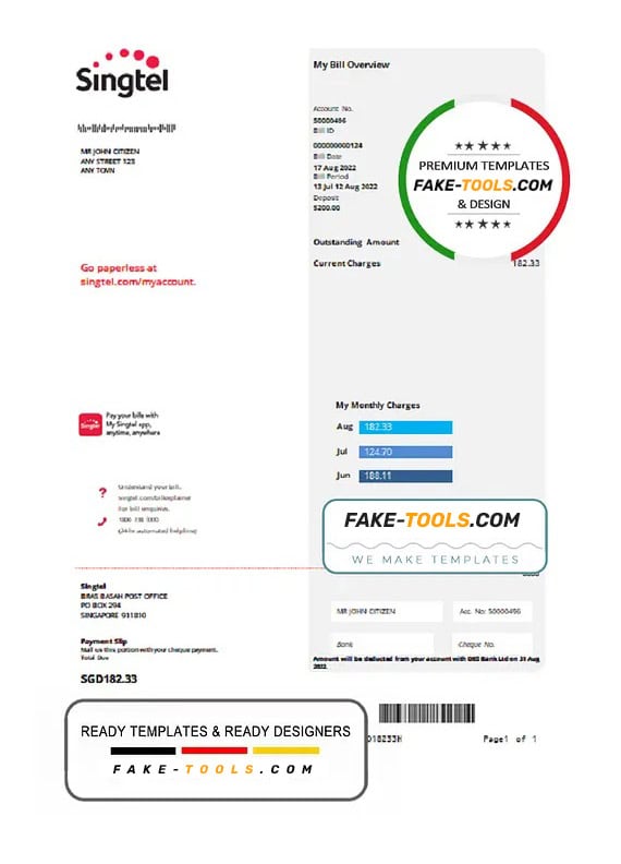 USA Singtel utility bill template in Word and PDF format USA Singtel utility bill template in Word and PDF format