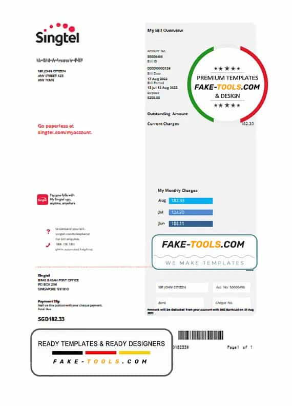 USA Singtel utility bill template in Word and PDF format USA Singtel utility bill template in Word and PDF format