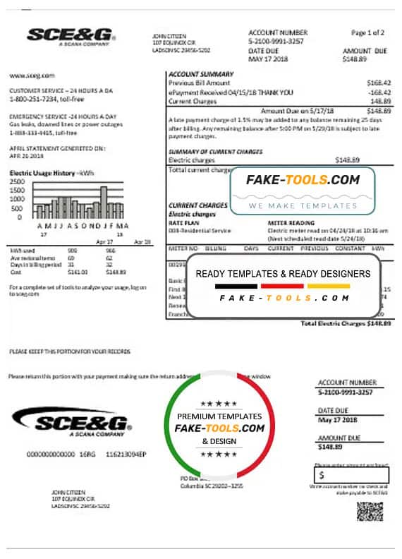 USA South Carolina SCE&G electricity utility bill template in Word and PDF format USA South Carolina SCE&G electricity utility bill template in Word and PDF format