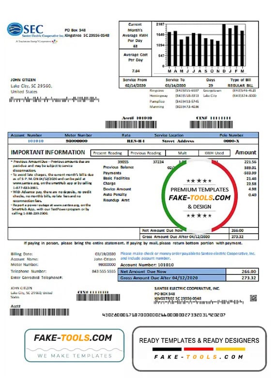 USA South Carolina Santee Electric Cooperative (SEC) proof of address utility bill template in Word and PDF format USA South Carolina Santee Electric Cooperative (SEC) proof of address utility bill template in Word and PDF format