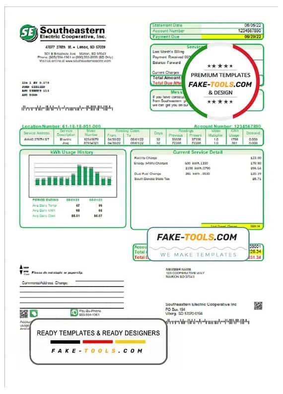 USA South Dakota Southeastern Electric utility bill template in Word and PDF format USA South Dakota Southeastern Electric utility bill template in Word and PDF format