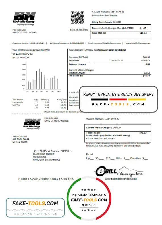 USA South Dakota Black Hills Energy utility bill template in Word and PDF format USA South Dakota Black Hills Energy utility bill template in Word and PDF format