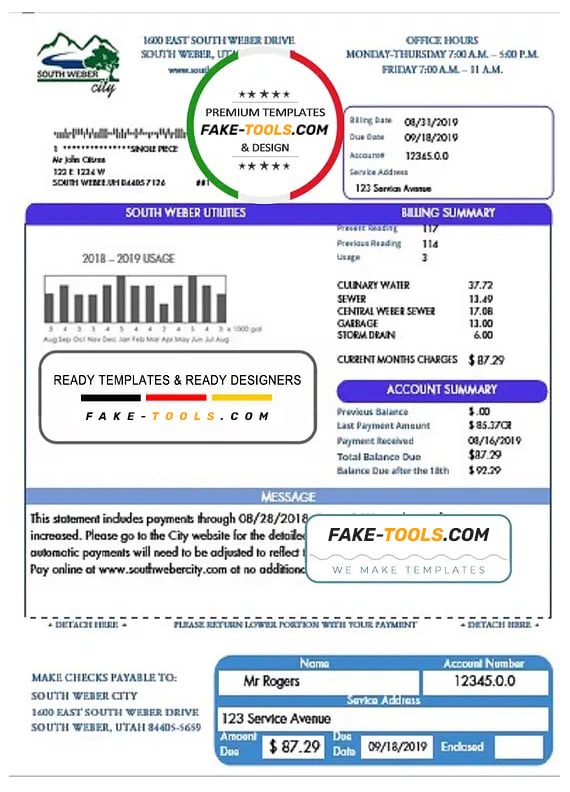 USA South Weber City Utah water utility bill template in Word and PDF format USA South Weber City Utah water utility bill template in Word and PDF format