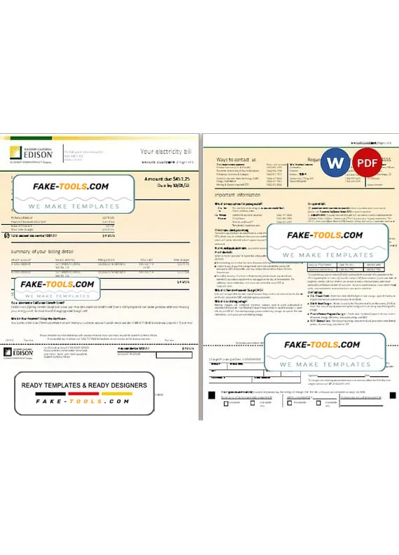 USA Southern California EDISON utility bill, Word and PDF template, 8 pages USA Southern California EDISON utility bill, Word and PDF template, 8 pages