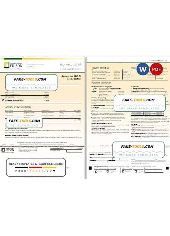 USA Southern California EDISON utility bill, Word and PDF template, 8 pages USA Southern California EDISON utility bill, Word and PDF template, 8 pages
