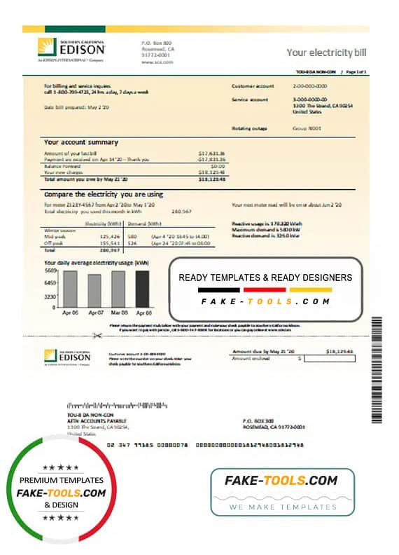 USA Southern California Edison utility bill template in Word and PDF format USA Southern California Edison utility bill template in Word and PDF format