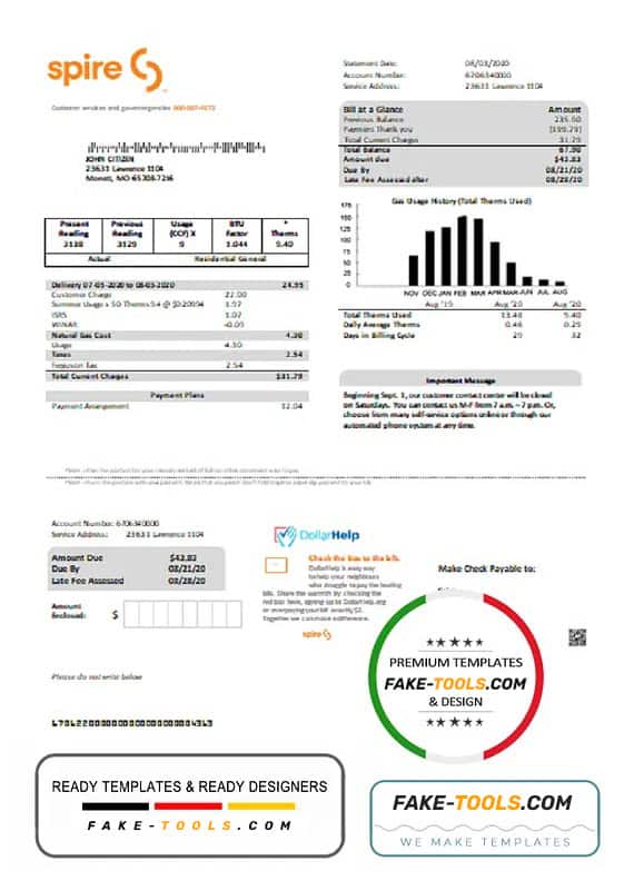 USA Spire gas utility bill template in Word and PDF format USA Spire gas utility bill template in Word and PDF format