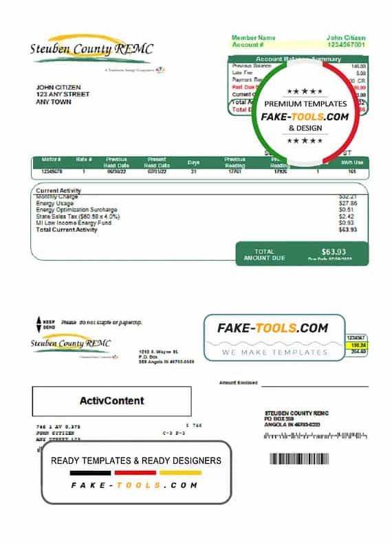 USA Steuben Country REMC utility bill template in Word and PDF format USA Steuben Country REMC utility bill template in Word and PDF format