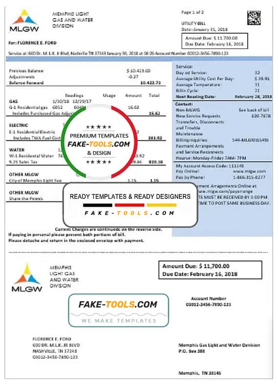 USA Tennesse MLGW utility bill template in Word and PDF format USA Tennesse MLGW utility bill template in Word and PDF format