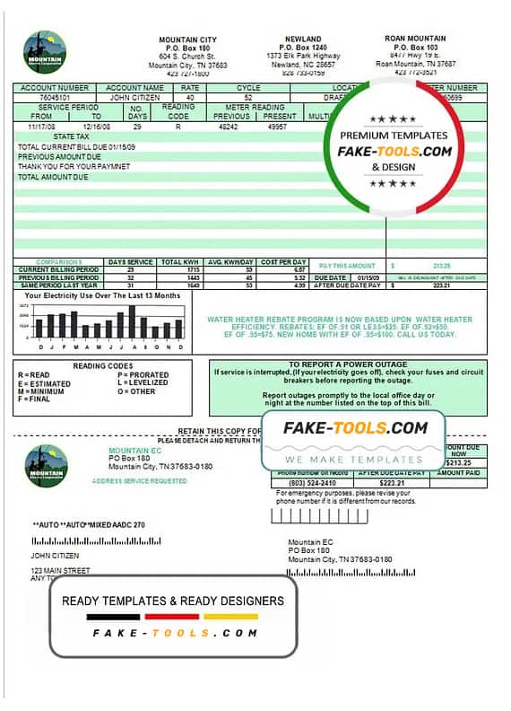 USA Tennessee Mountain Electric Cooperative, Inc. (MEC) utility bill template in Word and PDF format USA Tennessee Mountain Electric Cooperative, Inc. (MEC) utility bill template in Word and PDF format