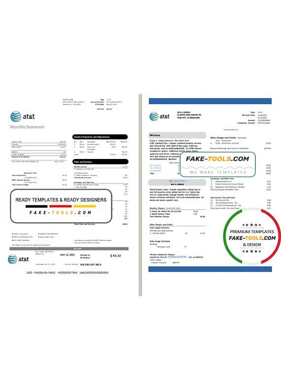 USA Texas AT&T telecommunications utility bill template in Word and PDF format USA Texas AT&T telecommunications utility bill template in Word and PDF format