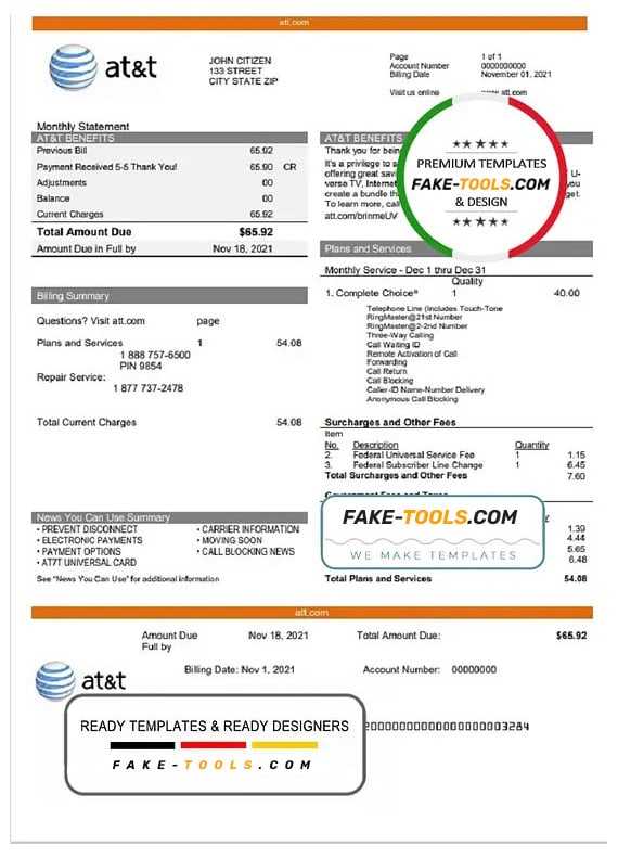 USA Texas AT&T telecommunications utility bill template in Word and PDF format USA Texas AT&T telecommunications utility bill template in Word and PDF format