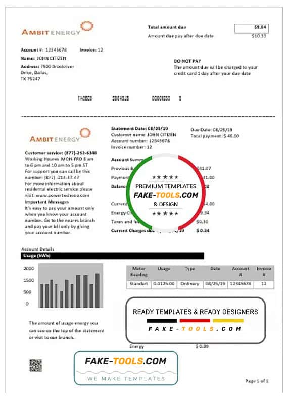 USA Texas Ambit Energy utility bill template in Word and PDF format USA Texas Ambit Energy utility bill template in Word and PDF format