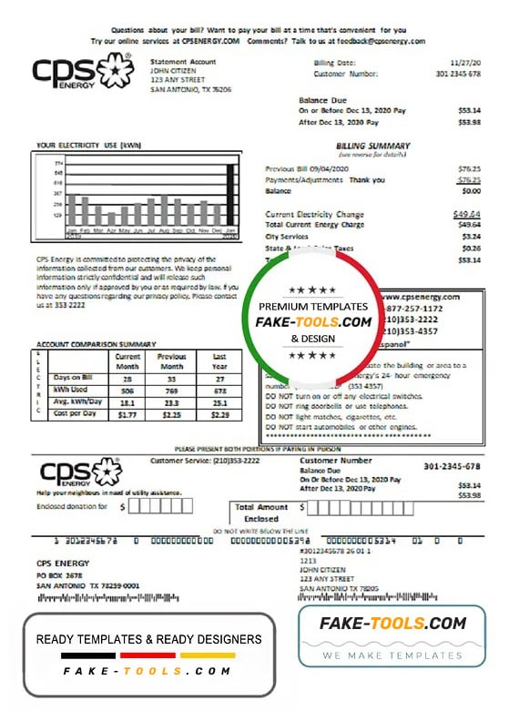 USA Texas CPS utility bill template in Word and PDF format USA Texas CPS utility bill template in Word and PDF format