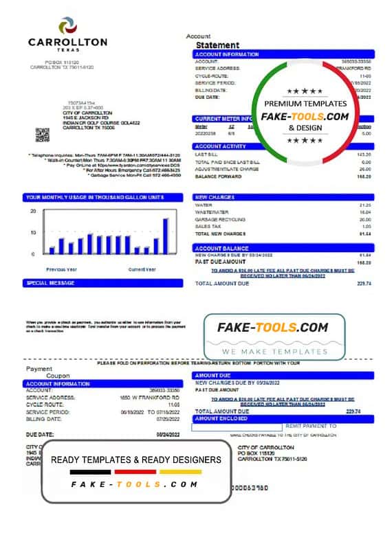 USA Texas Carrollton utility bill template in Word and PDF format USA Texas Carrollton utility bill template in Word and PDF format