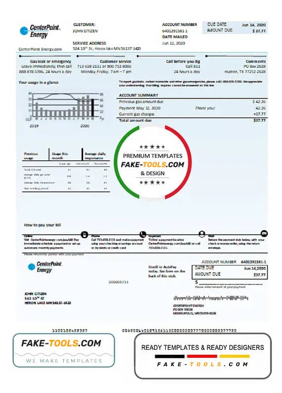 USA Texas Center Point Energy utility bill template in Word and PDF format USA Texas Center Point Energy utility bill template in Word and PDF format