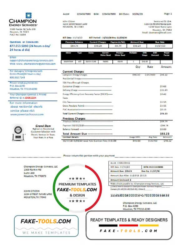 USA Texas Champion Energy Services proof of address utility bill template in Word and PDF format USA Texas Champion Energy Services proof of address utility bill template in Word and PDF format