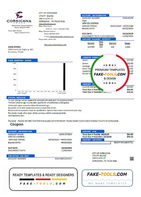 USA Texas City of Corsicana utility bill template in Word and PDF format USA Texas City of Corsicana utility bill template in Word and PDF format