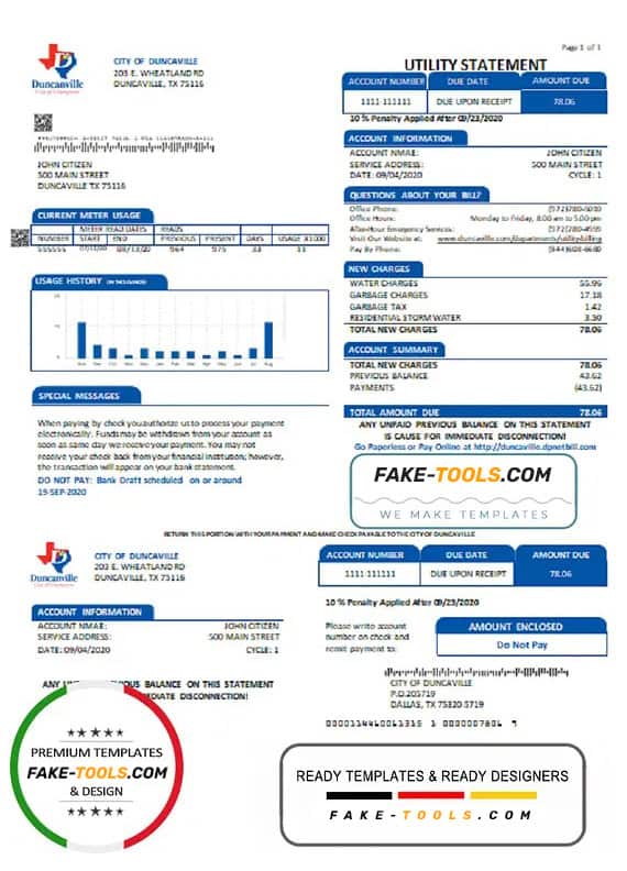 USA Texas City of Duncanville water, sewer, garbage utility bill template in Word and PDF format USA Texas City of Duncanville water, sewer, garbage utility bill template in Word and PDF format