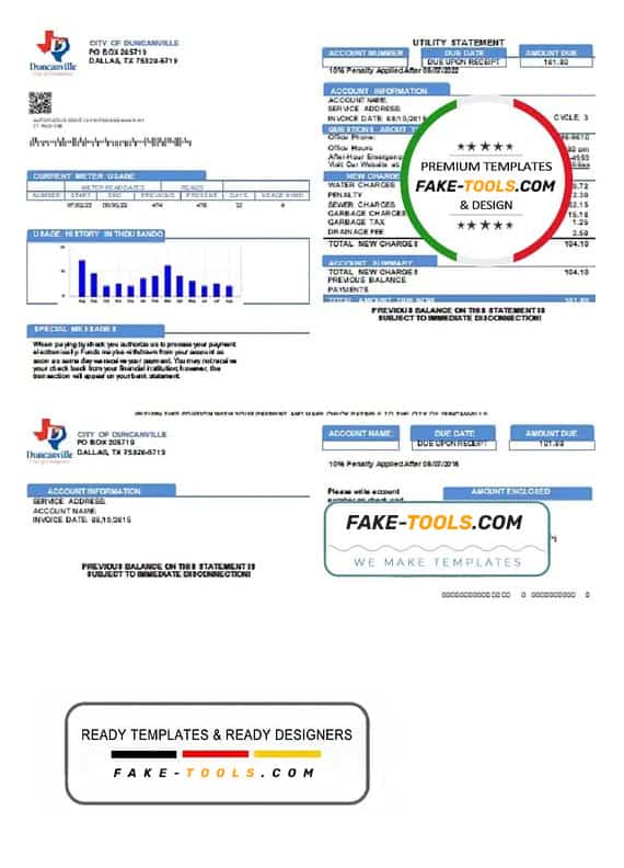 USA Texas City of Duncanville utility bill template in Word and PDF format USA Texas City of Duncanville utility bill template in Word and PDF format
